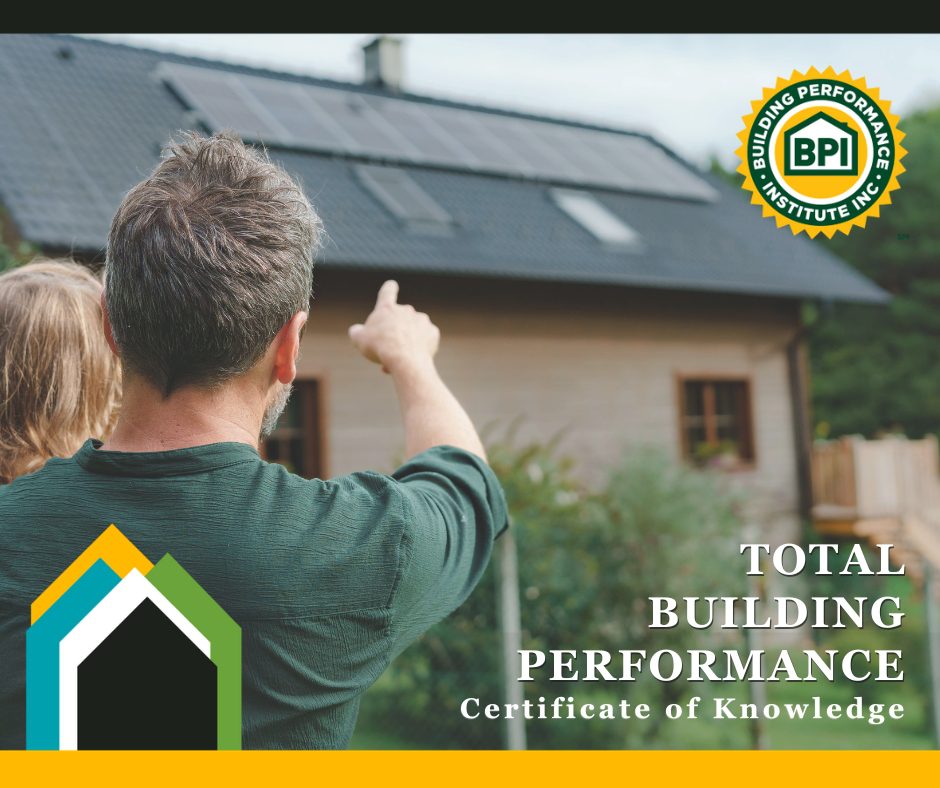 A man holding a child is pointing at a solar panel on the roof of a building in the distance. Text is overlaid on this photo and it reads, "total building performance, certificate of knowledge"