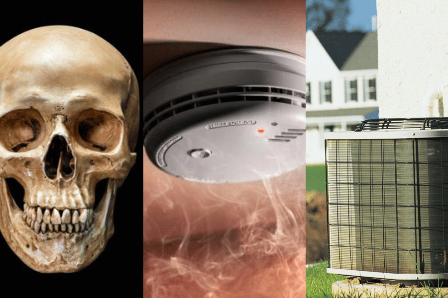 collage with skull, co detector, hvac