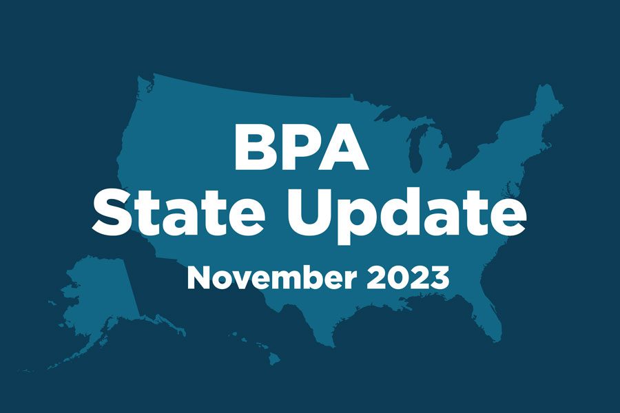 Blue background with the shape of the United States. The text on the graphic includes, "BPA State Update, November 2023"