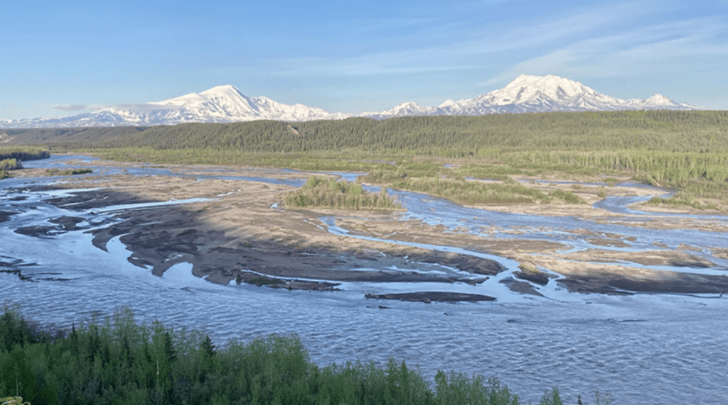 View of Alaska Copper River with mountains in the background.