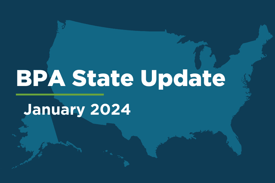 A map of the US with the words "BPA State Update January 2024"