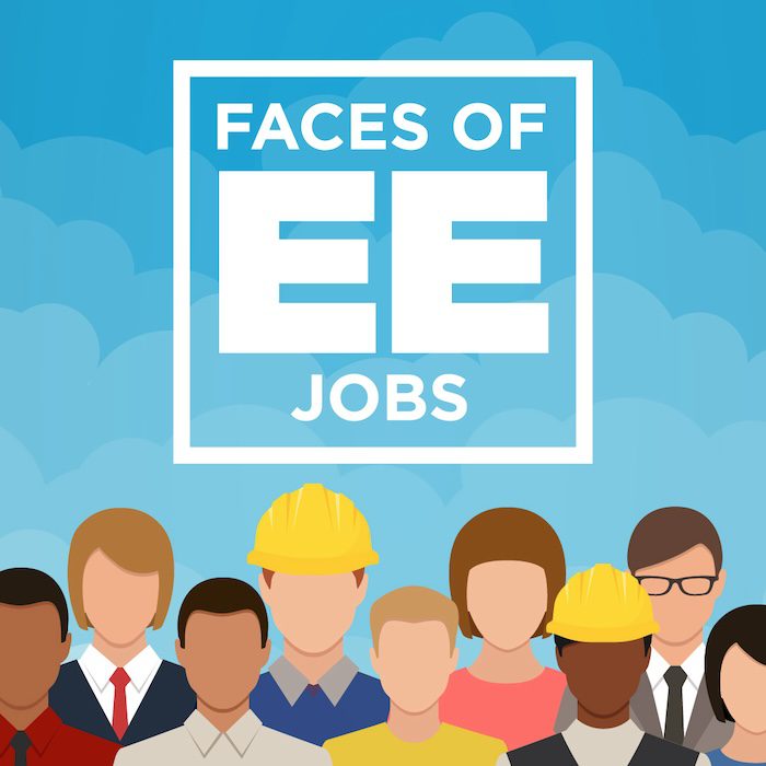Graphic representation of workers in the construction industry. The Faces of EE logo appears above the workers.