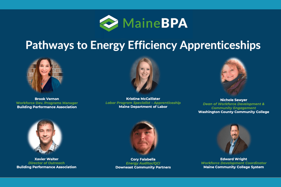 A screenshot of the title slide of the webinar, listing the title "Pathways to Energy Efficiency Apprenticeships" and the speakers' headshots.