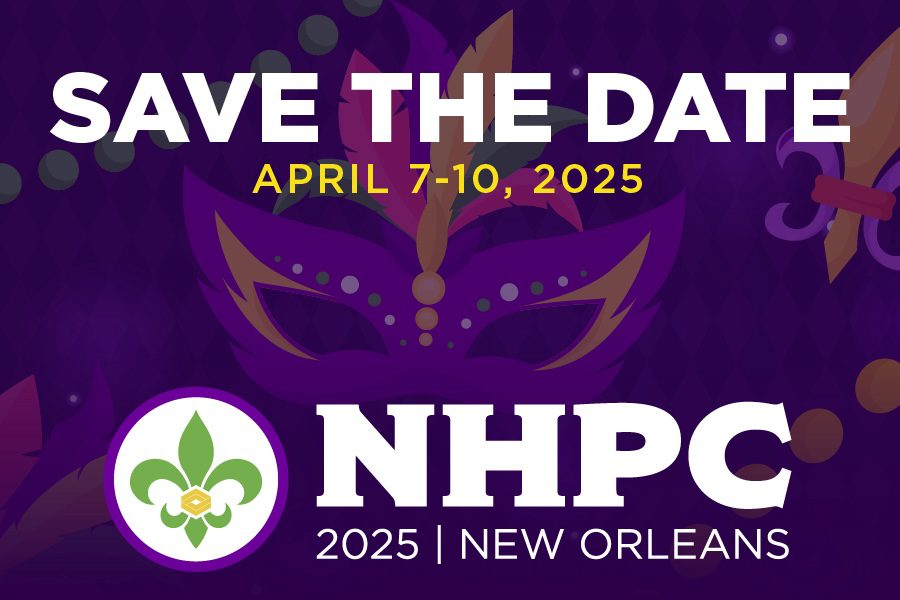 Mardi Gras themed graphic that reads "Save the Date, April 7-10, 2025." The NHPC 2025 New Orleans logo appears at the bottom