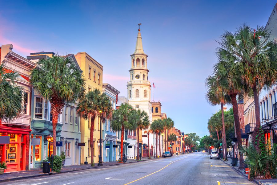 South Carolina city street lined with palm trees