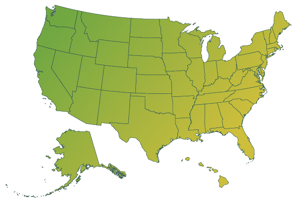 A map of the United States with a green to yellow gradient.