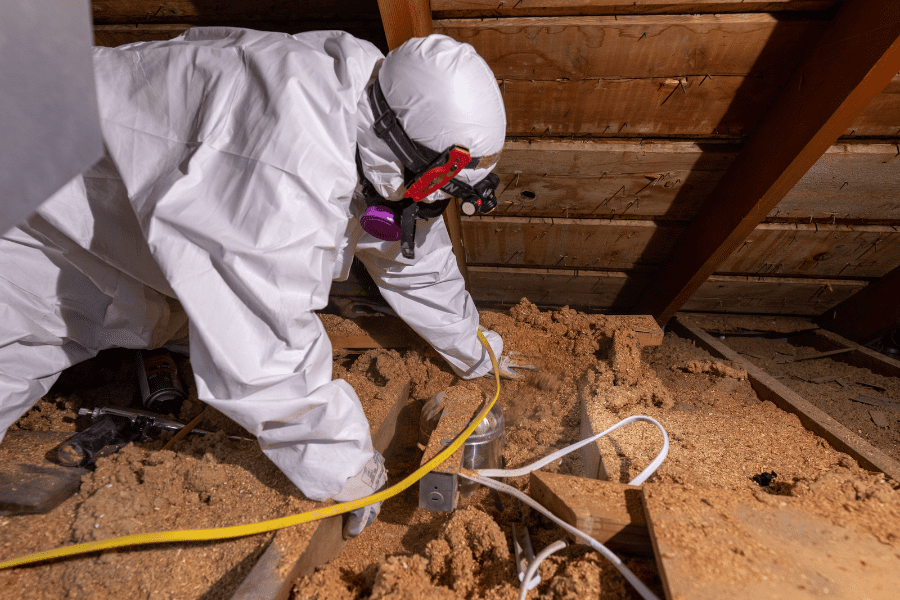 A weatherization installer begins to clear insulation away from a recessed light fixture in preparation for additional air sealing.