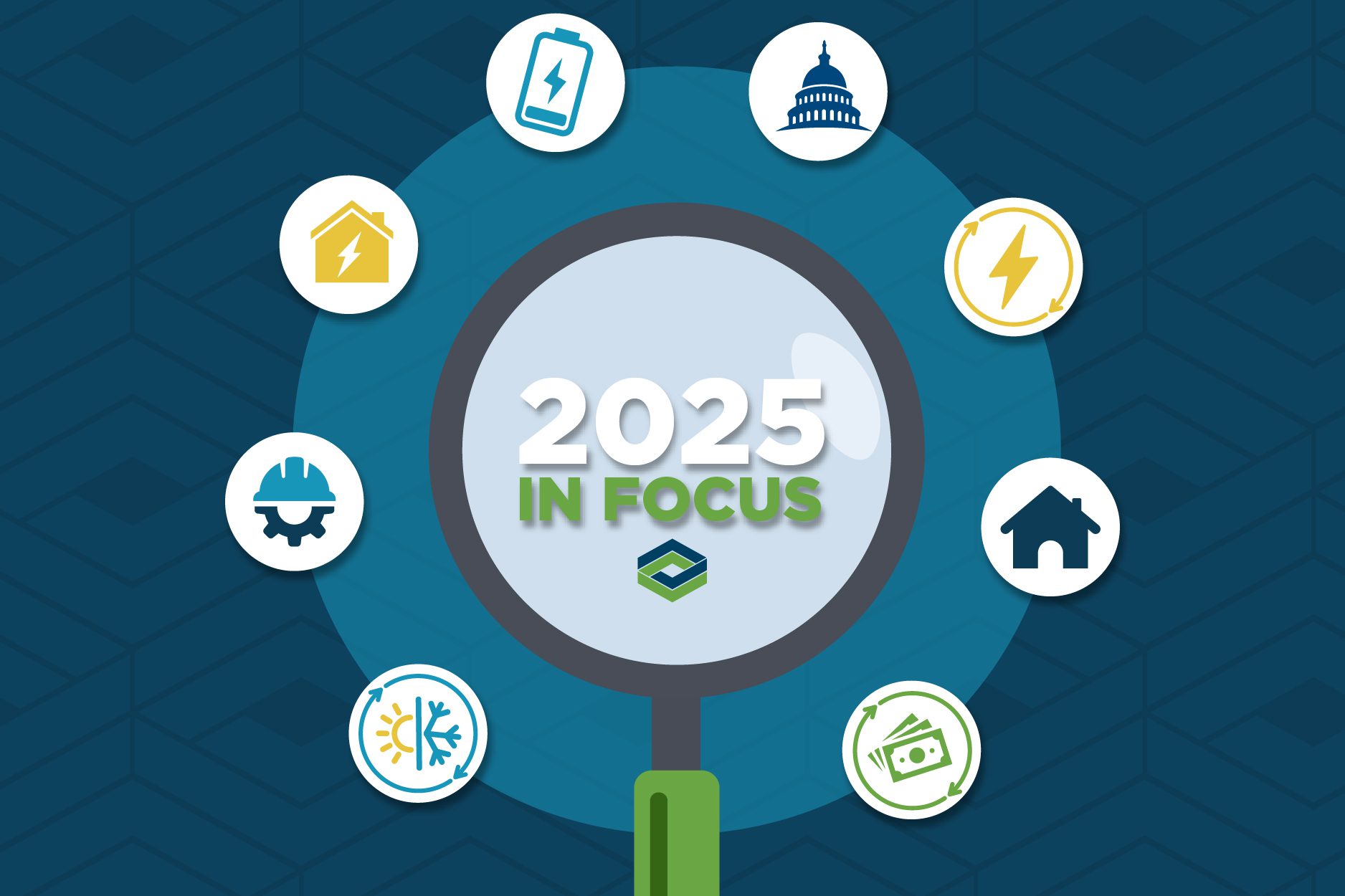 magnifying glass graphic surrounded by industry icons; 2025 in focus in center