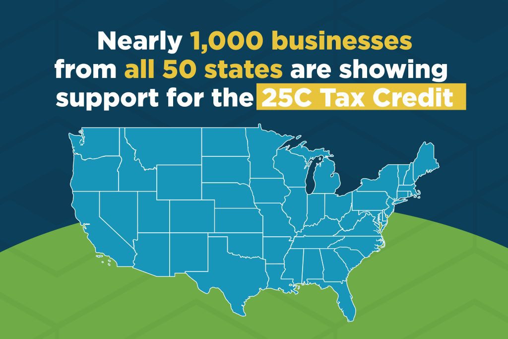 Map of the United States with text that reads, "Nearly 1,000 businesses from all 50 states are showing support for the 25C Tax Credit."