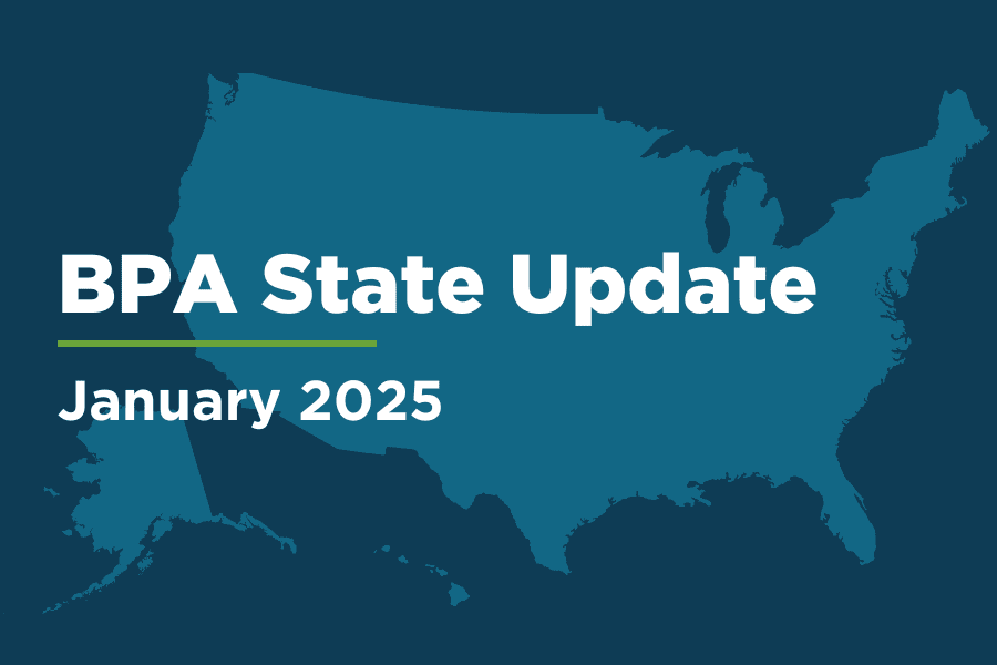 A U.S. map with an overlay of text reading "BPA State Update January 2025"